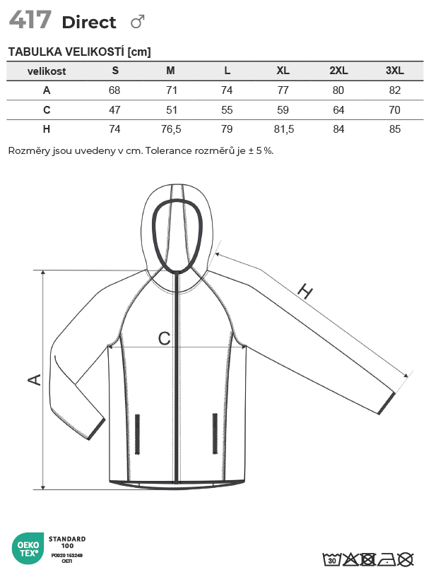 417 Direct stretch fleece pánský Tabulka velikostí